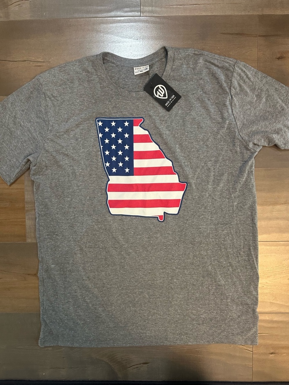 Gray Short Sleeve Tee with American Flag Georgia Graphic - Unbranded